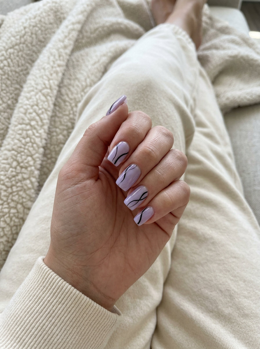 Cool Lavender Abstract Lines manicure colors summer 2026 for edgy, artistic, modern night out or gallery visit.