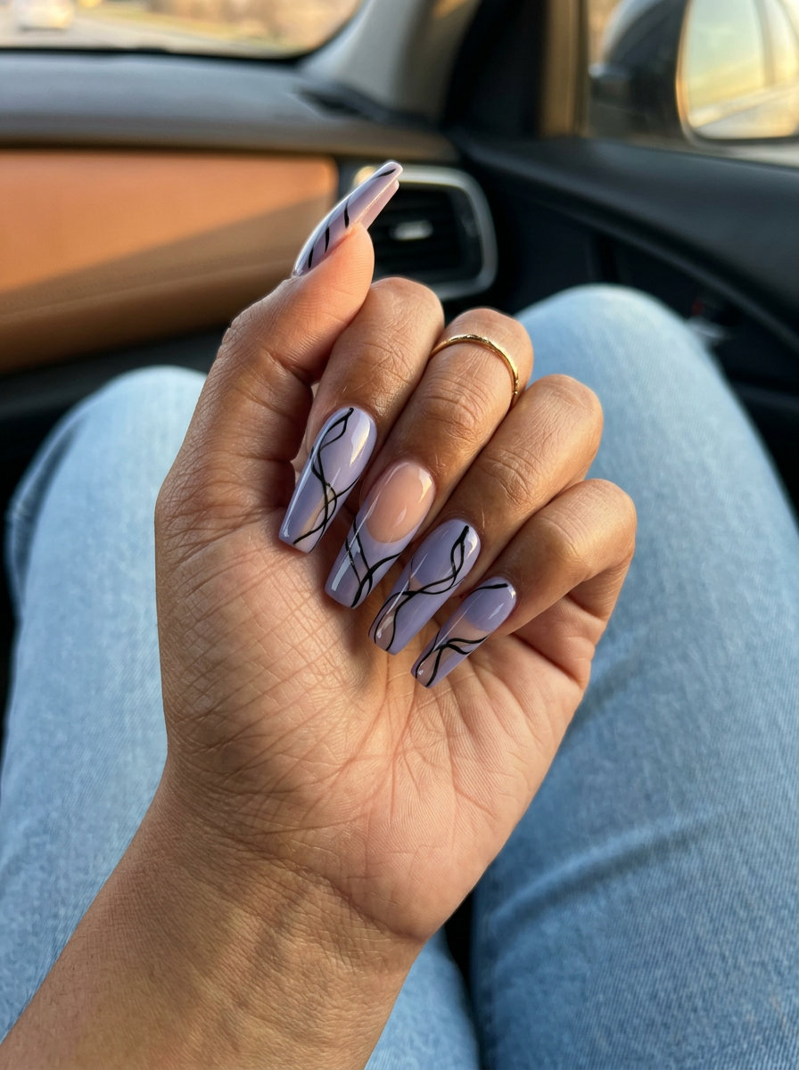 Cool lavender negative space art nails for edgy summer nights 2026. Modern, artistic manicure colors.