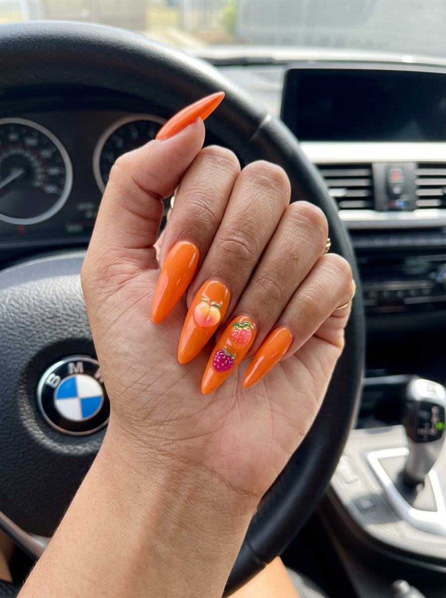 Juicy Peach 3D Charms manicure colors summer 2026 for whimsical, playful, joyful festival fun.