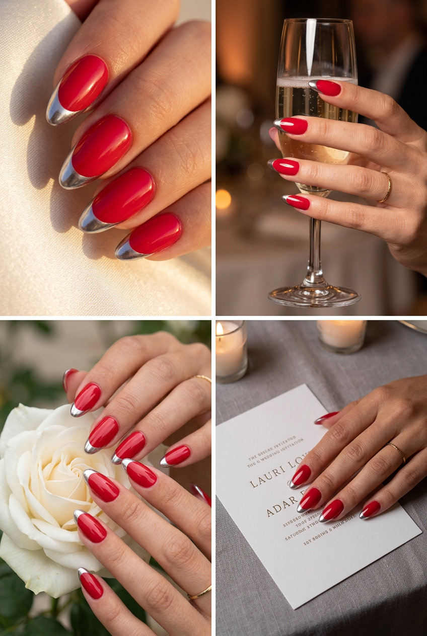 Juicy strawberry red chrome tip nails for glamorous parties and summer 2026 events.