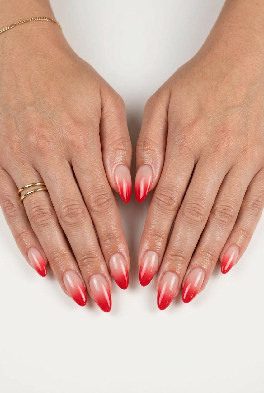 Juicy strawberry red ombre almond nails for sultry summer 2026 evening events and nights out.