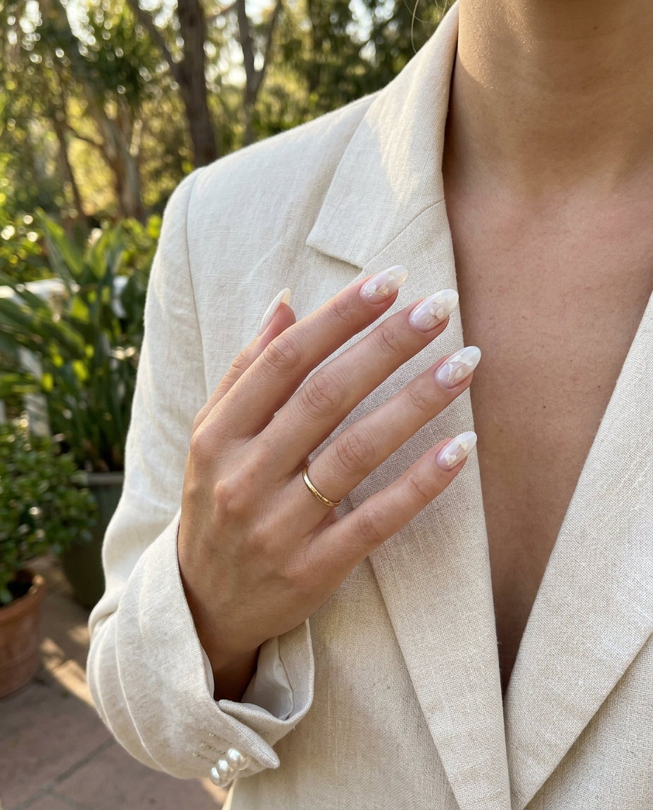 Milk bath white floral accent nails for romantic weddings and events in summer 2026.