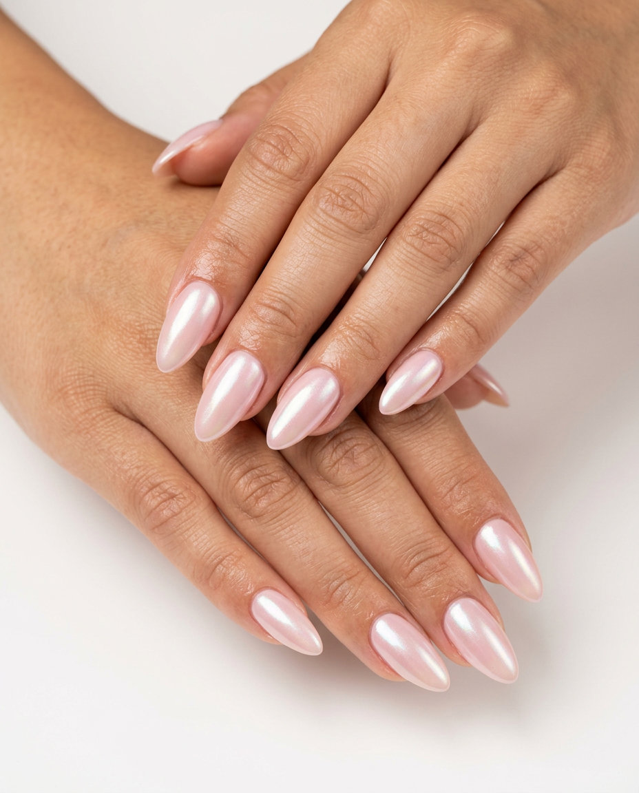 Milky pink glazed almond nails for summer events 2026. Chic, glamorous, and trendy manicure colors.
