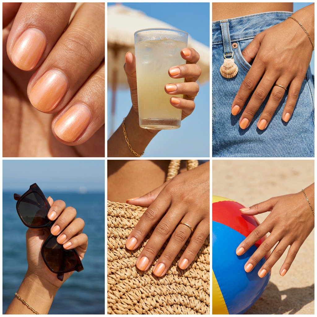 Sheer peach pearlescent glow nails for summer romance 2026. Romantic, ethereal manicure colors.