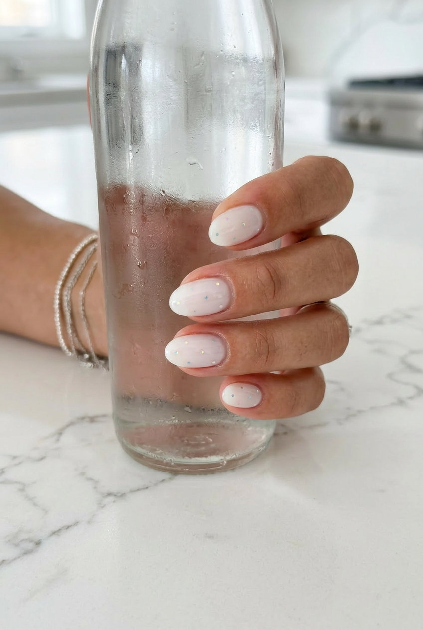 Sheer White Jelly Dots manicure colors summer 2026 for whimsical, light, sparkly casual summer days.