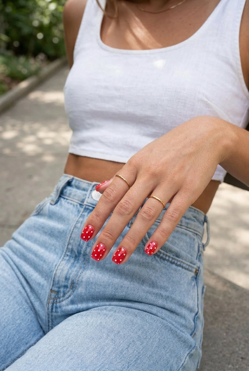 Juicy Strawberry Red Polka Dots manicure colors summer 2026 for playful, retro, cheerful casual summer fun.