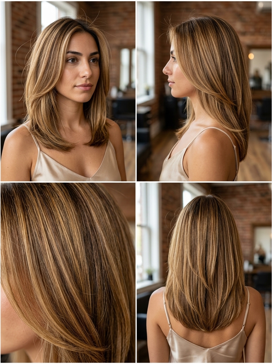 long layered honey blonde hair color with espresso lowlights, reverse balayage, no fringe — sophisticated luxurious daily office