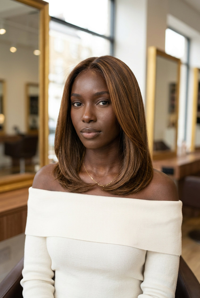 shoulder-length warm honey brown hair with natural root contrast, global gloss, sophisticated mood