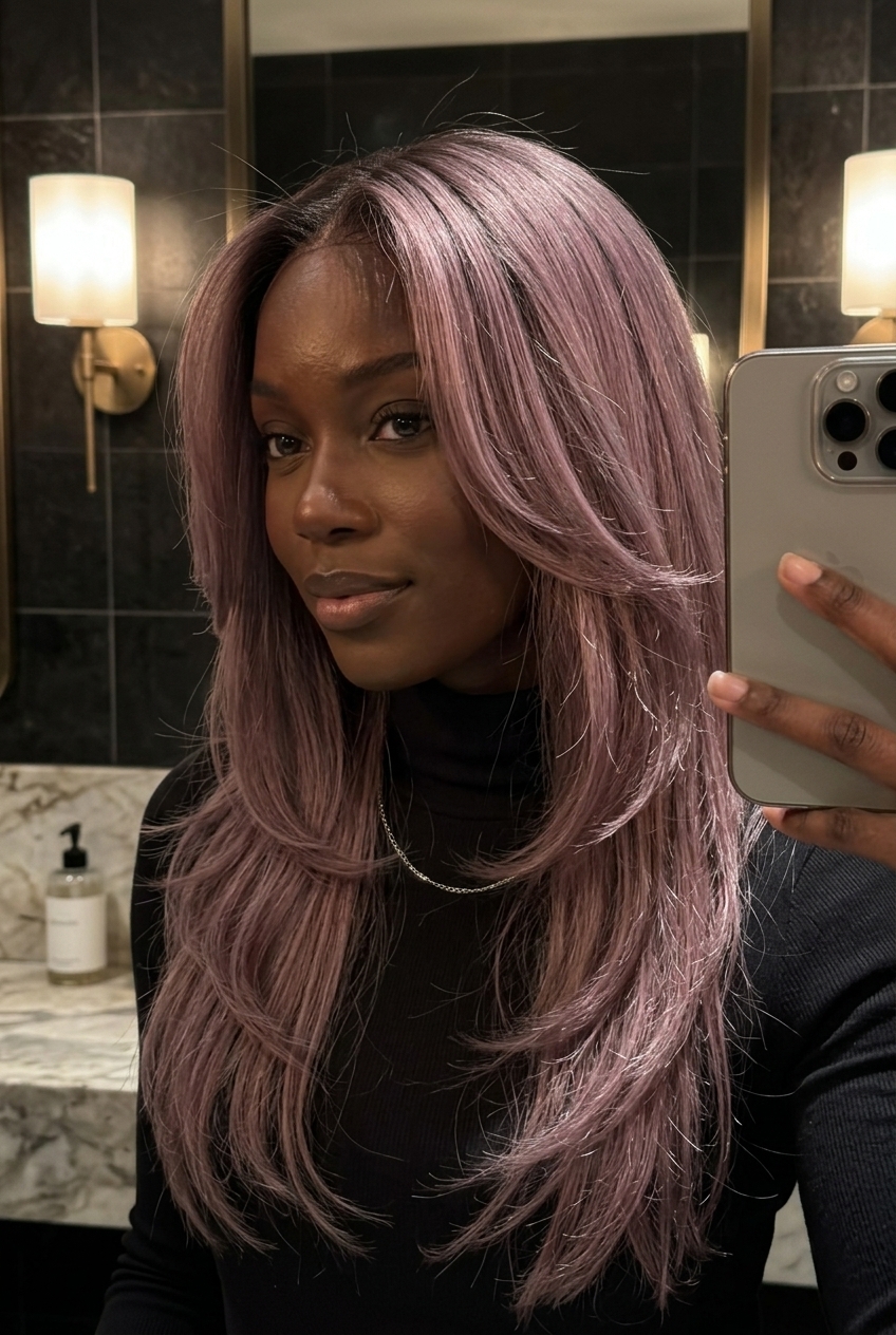 long mauve layered haircut with silver accents and dark shadow root for summer