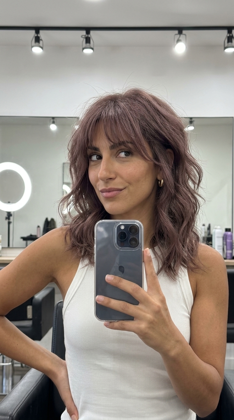 shoulder-length shag haircut with cool dusty mauve gloss, choppy layers, and wispy bangs for a playful look