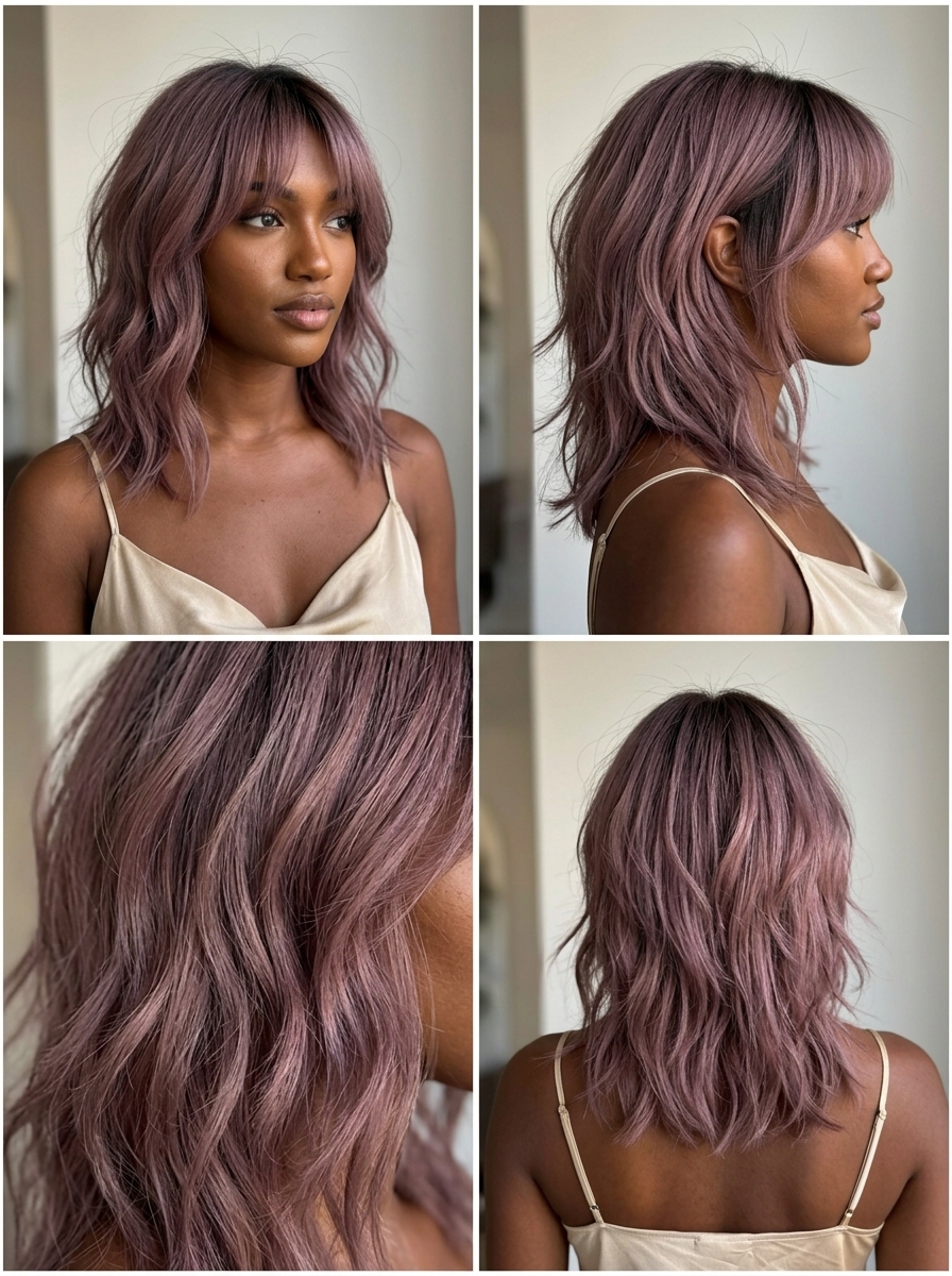shoulder-length shag haircut in dusty mauve with shadow root, bottleneck bangs, razored layers — edgy playful