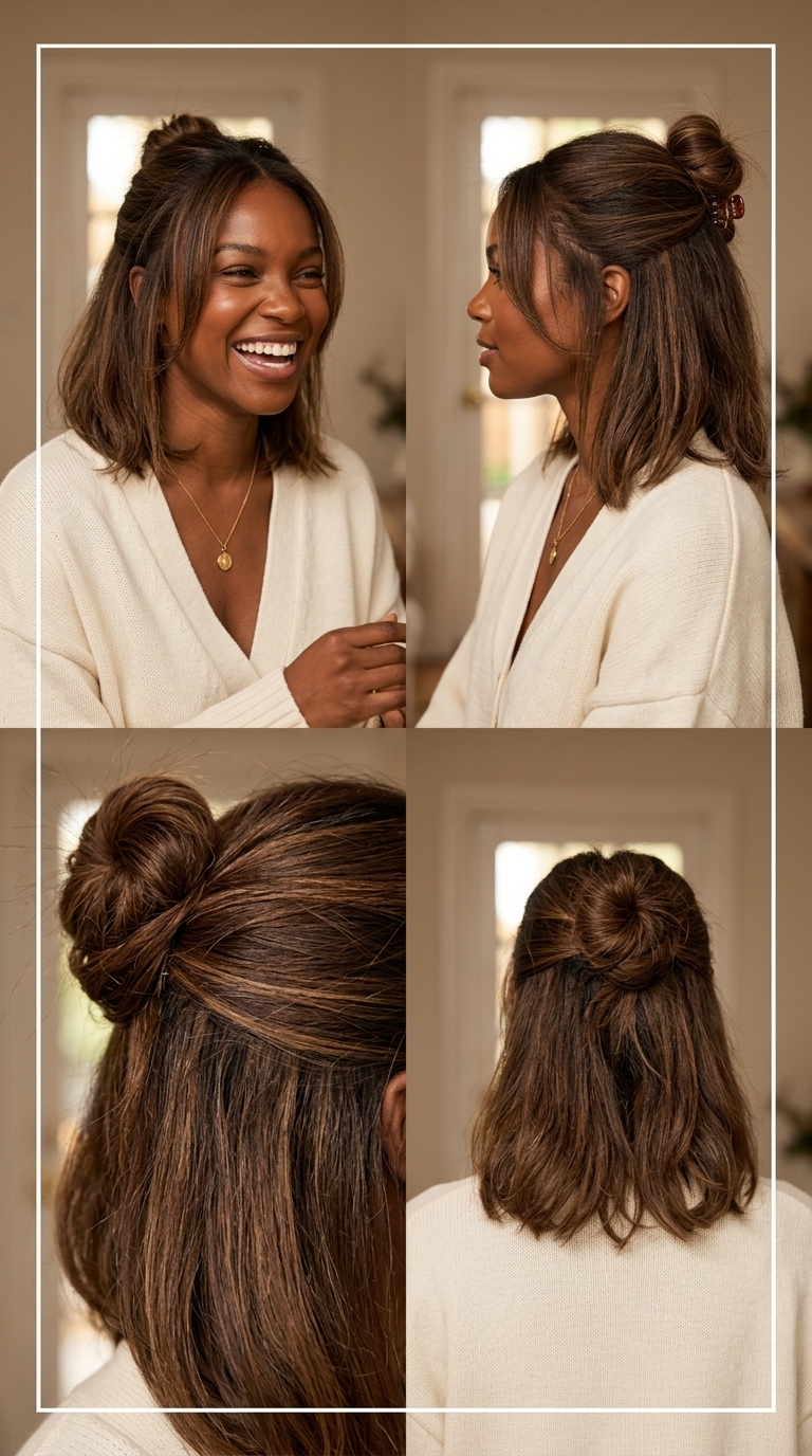 shoulder-length lob haircut with natural medium brown babylights and grown-out bangs for modern casual