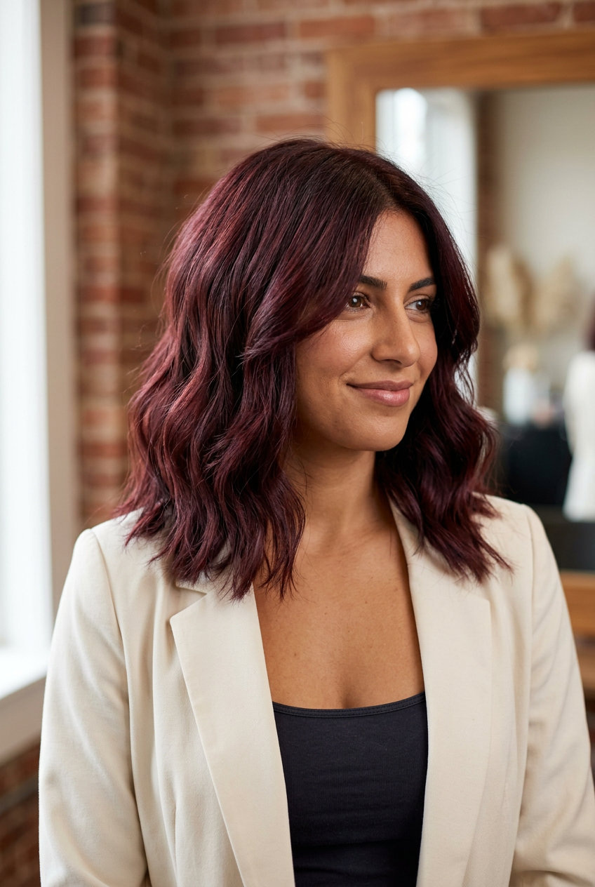 shoulder-length layered lob burgundy haircut with merlot color and face-framing layers for romantic events