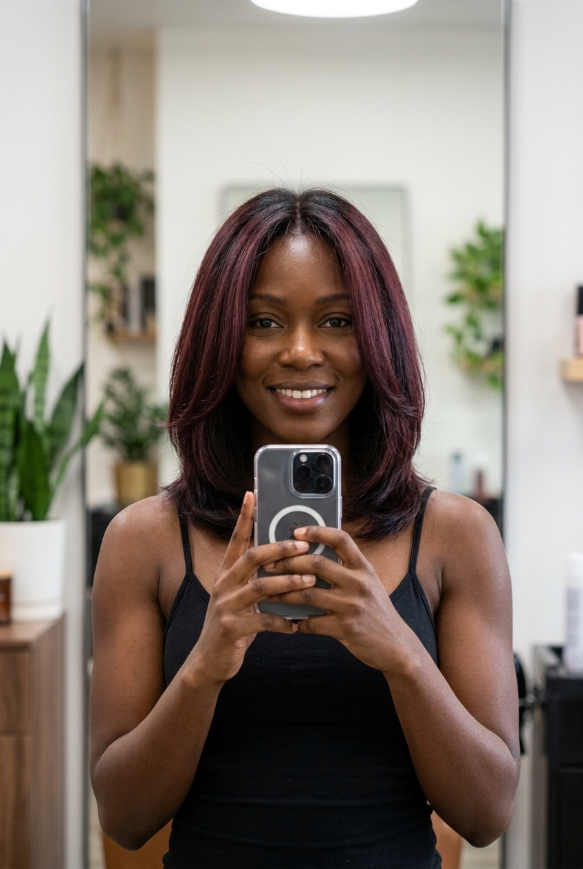 layered haircut with merlot wine shadow root midnight brunette, soft blend, no fringe — romantic