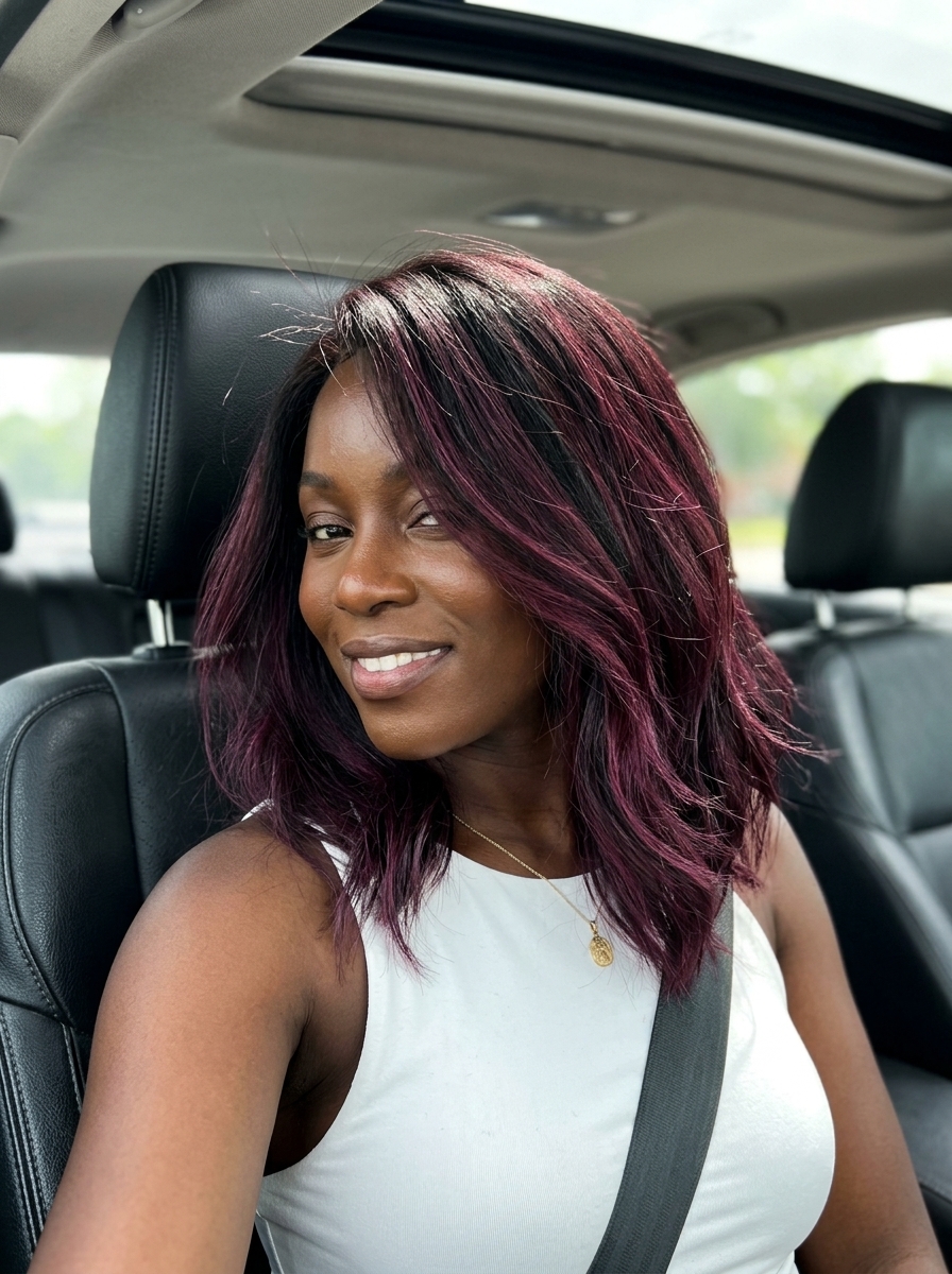 long midnight berry textured balayage with layered shag, playful and vibrant