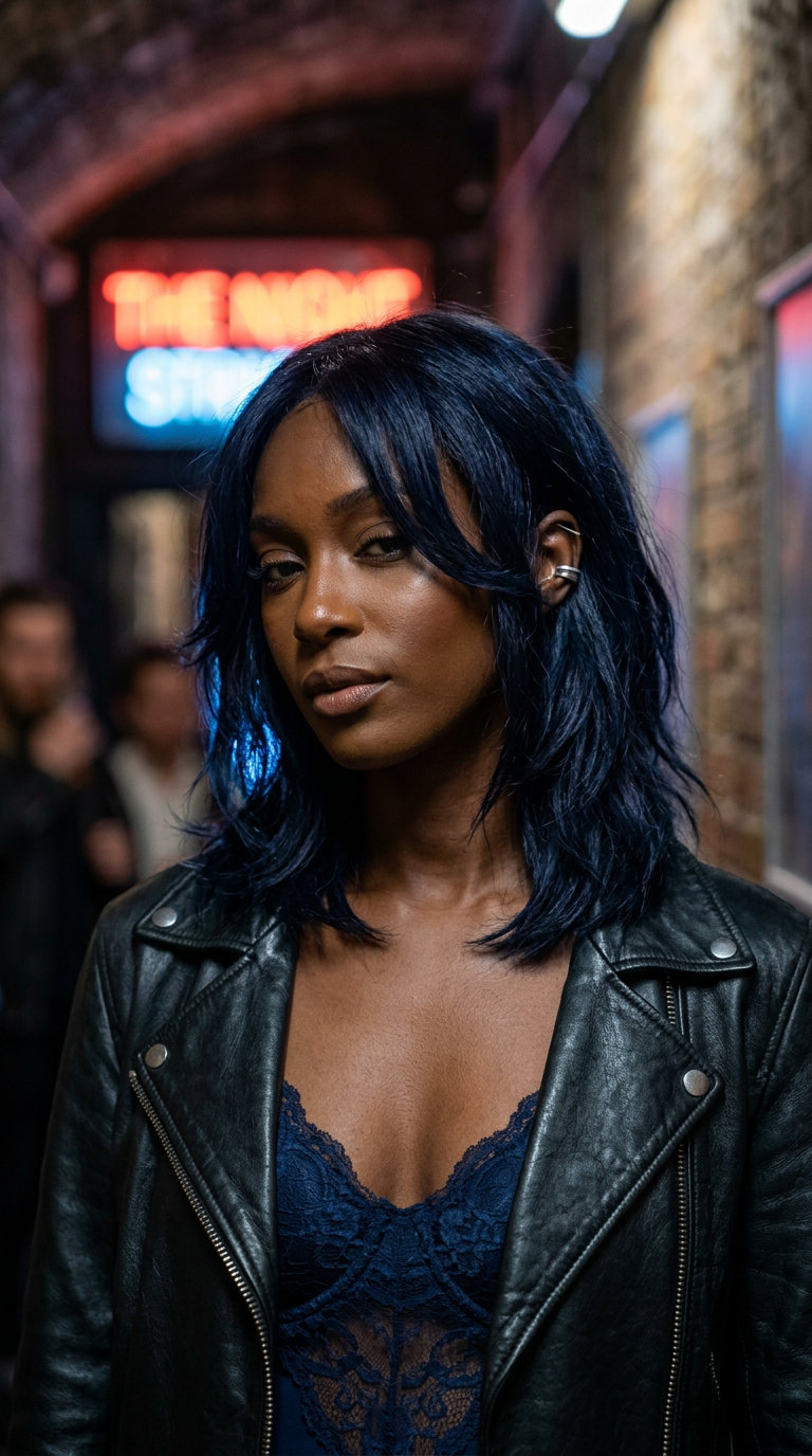 Midnight Blue-Black Medium Hair 2026: Edgy & Mysterious medium length haircut in midnight blue-black with violet shimmer, soft point-cut layers — mysterious edgy date night look