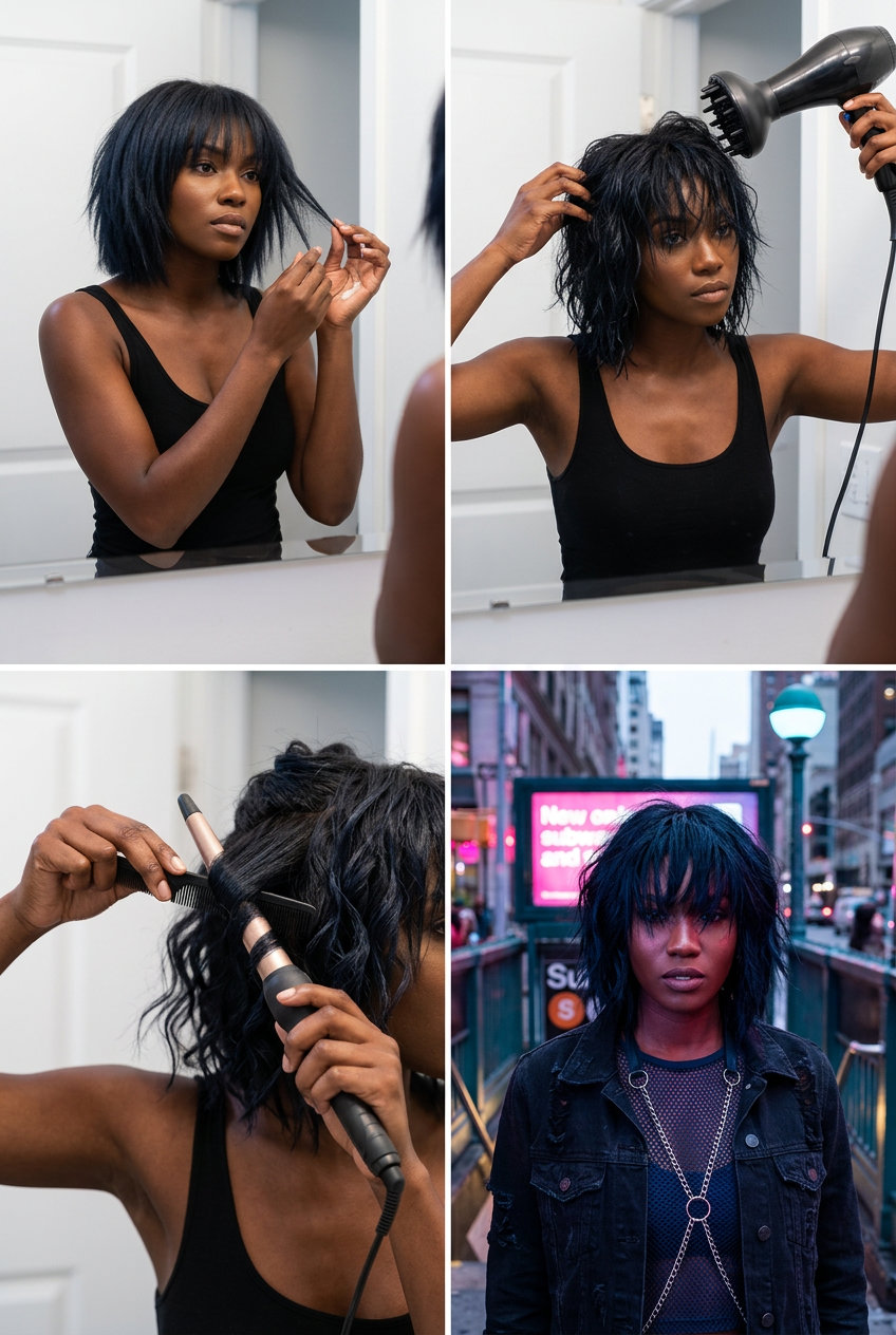 Midnight Rebel Bob 2026 short midnight blue-black bob with shattered texture and side part for edgy style