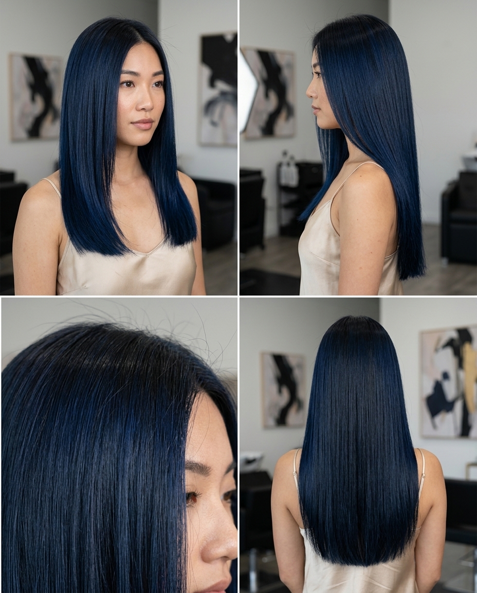 long blunt cut in midnight blue with charcoal root blend, ultra-sleek silhouette — edgy and sophisticated