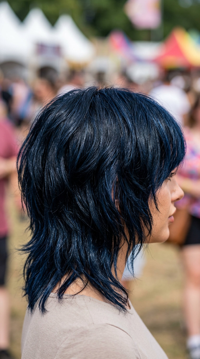 Midnight Blue Wolf Cut 2026 very short midnight blue wolf cut with violet undertones and razored bangs for festivals