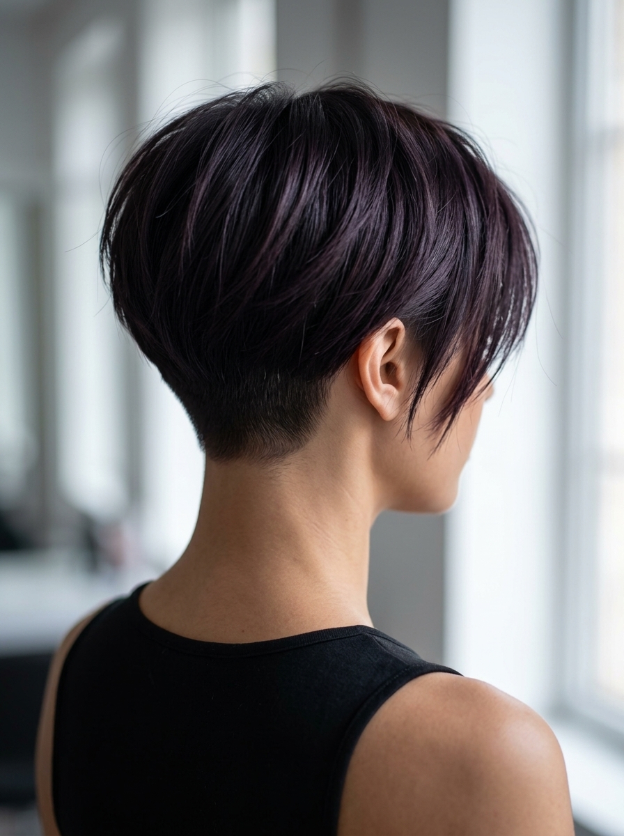 short midnight brunette with violet undertones and disconnected undercut for edgy mystery