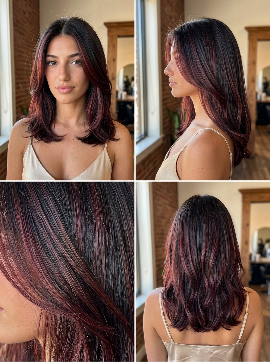 long layered haircut with midnight cherry foilayage midnight brunette, fine ribbons, no fringe — bold