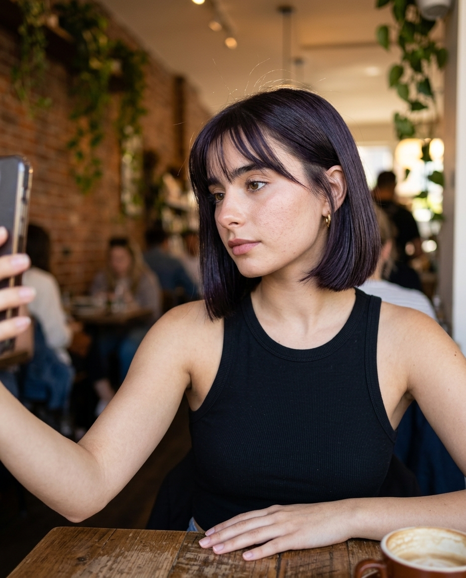 chin-length wispy bangs bob haircut in deep espresso with blue-black sheen for sophisticated look
