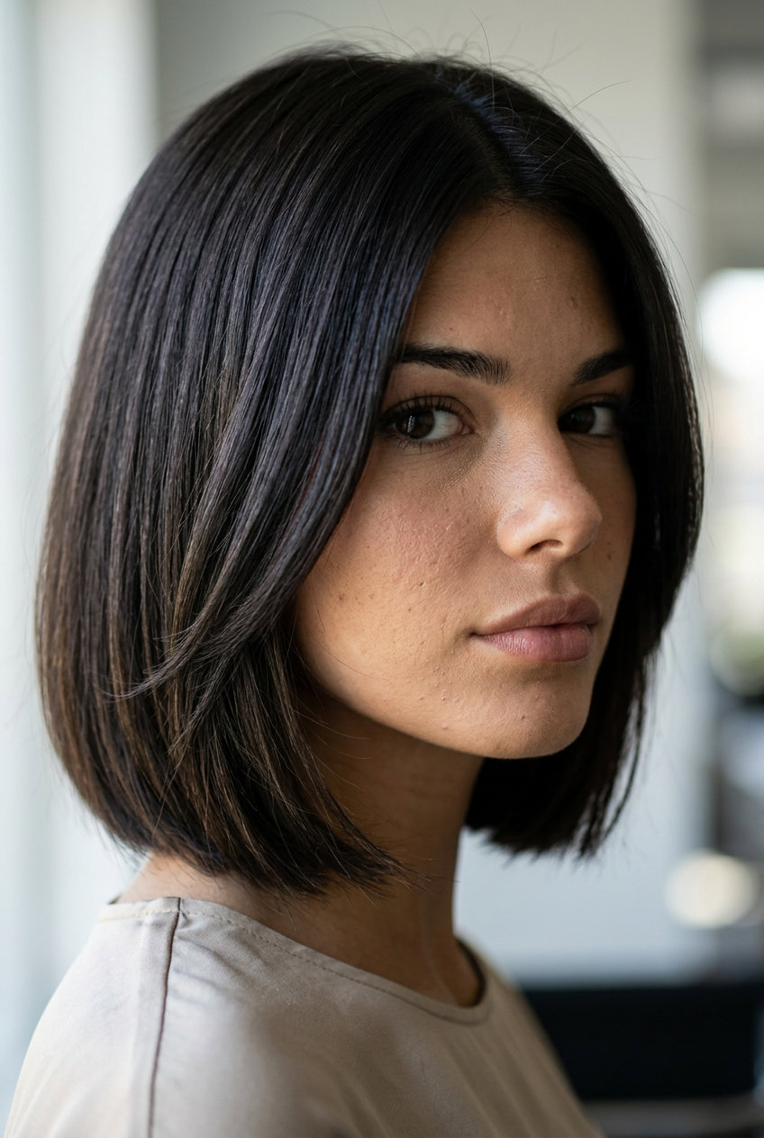 chin-length bob haircut in midnight espresso with blue-violet undertones, internal ghost layers for sleekness