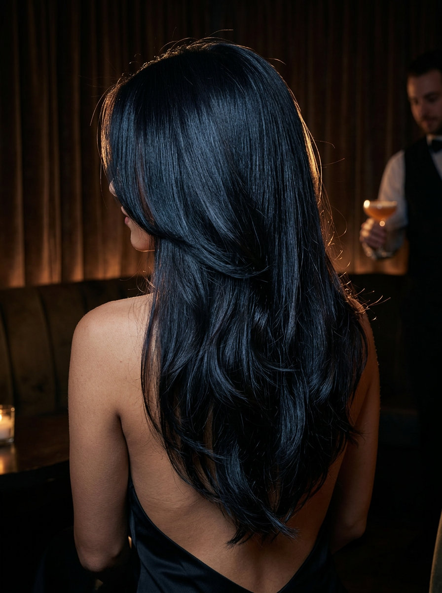 long layered haircut in deep midnight espresso with blue-black gloss, flowing layers for romance