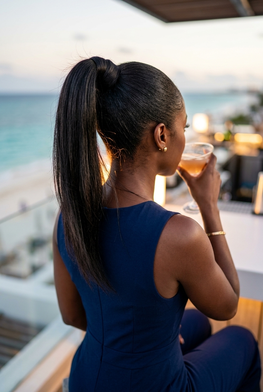 long slicked ponytail hairstyle with midnight espresso, sculpted, for summer