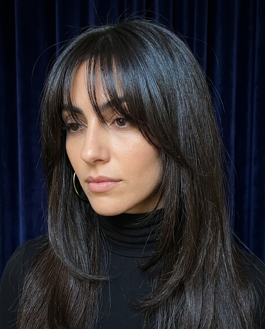 long wispy bangs haircut in deep midnight espresso with blue-black gloss, face-framing layers for date night