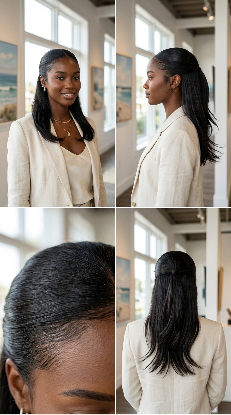 medium half-up hairstyle with deep midnight espresso, sleek finish, for summer