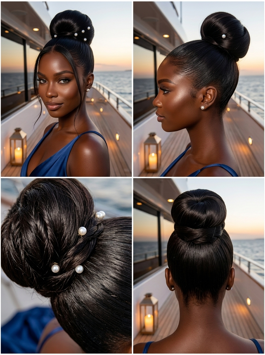 medium high bun hairstyle with midnight espresso, pearl accents, for summer