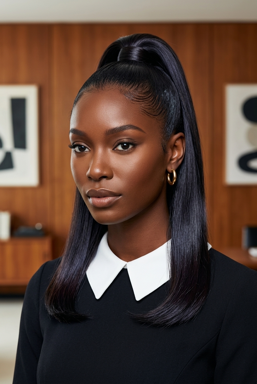mid-length blunt natural midnight espresso half up half down with blue-black undertones, sharp perimeter, no bangs — retro sophisticated polished