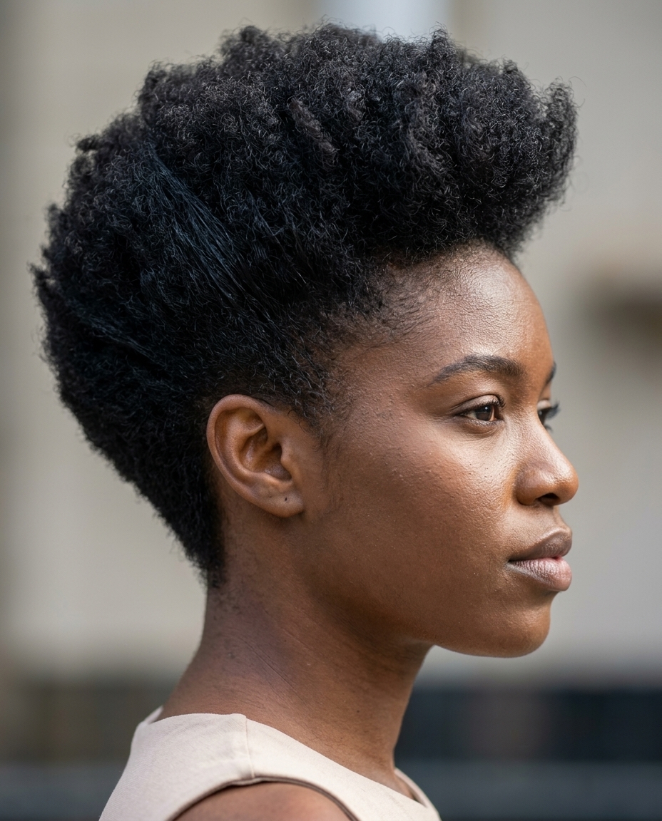 short midnight espresso afro-mullet with sculpted coils, tapered sides, no fringe — bold artistic