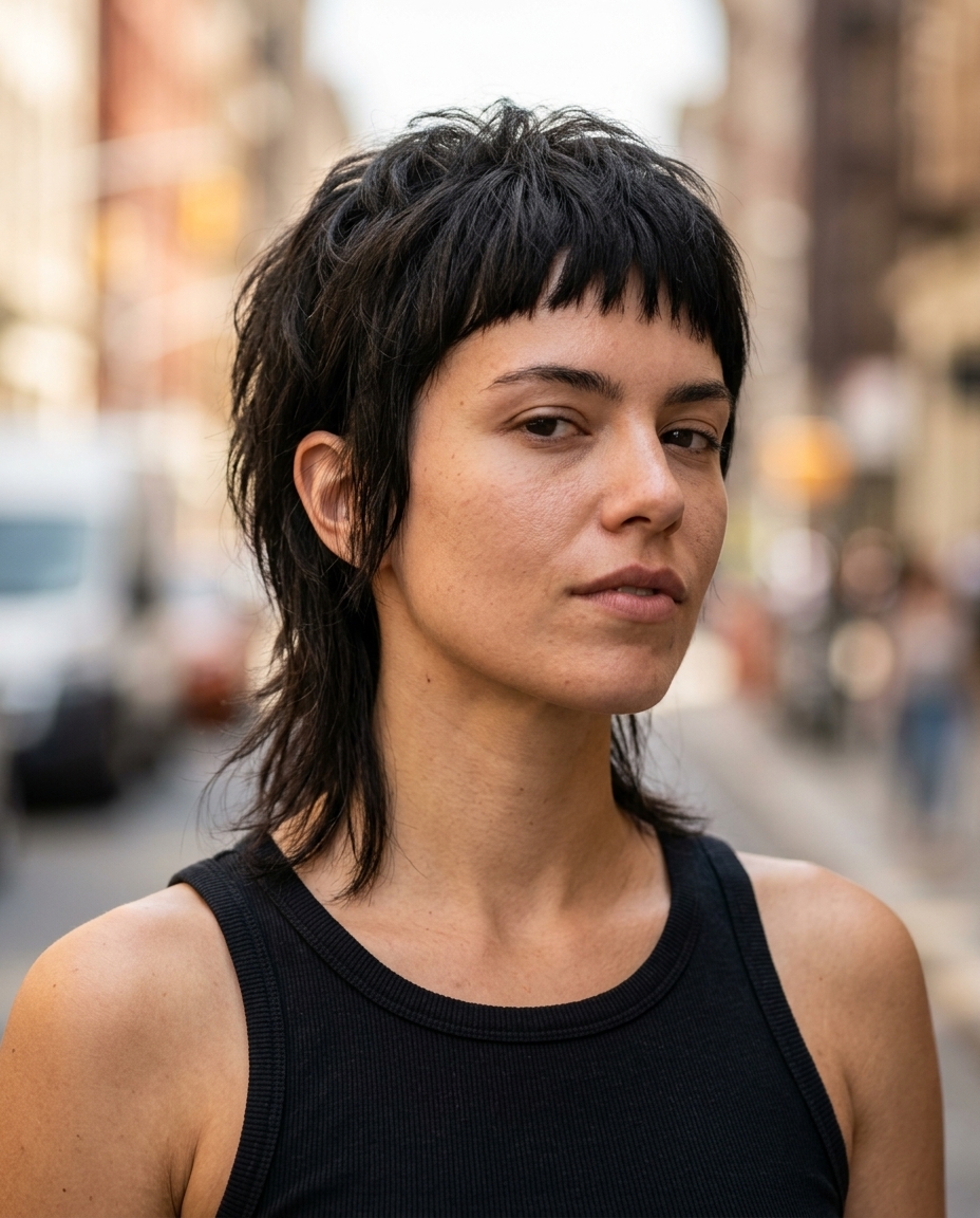 short midnight espresso mullet with micro-fringe and wispy nape for edgy chic
