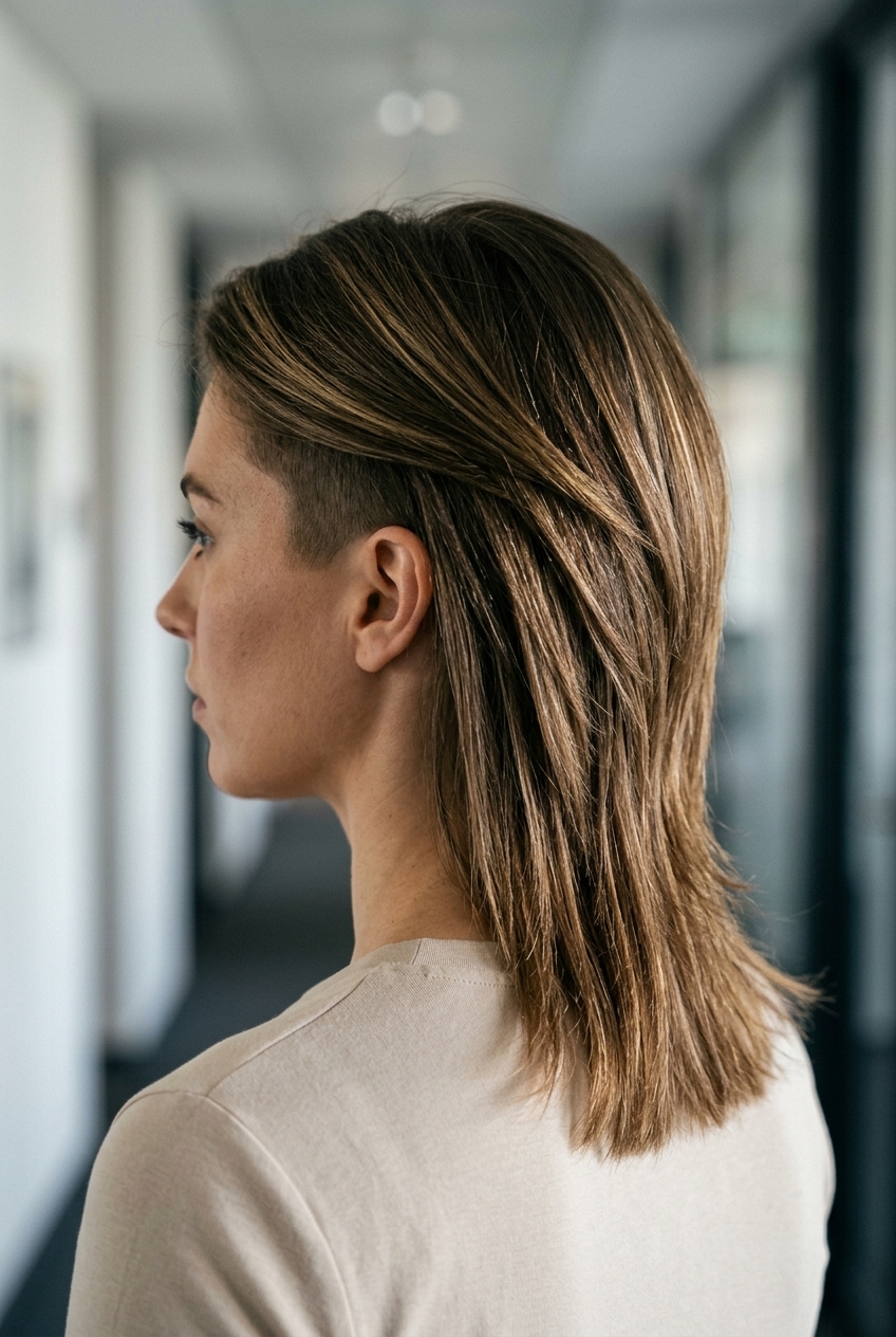 short midnight espresso mullet with high-gloss finish, sharply tapered sides, no fringe — sophisticated professional