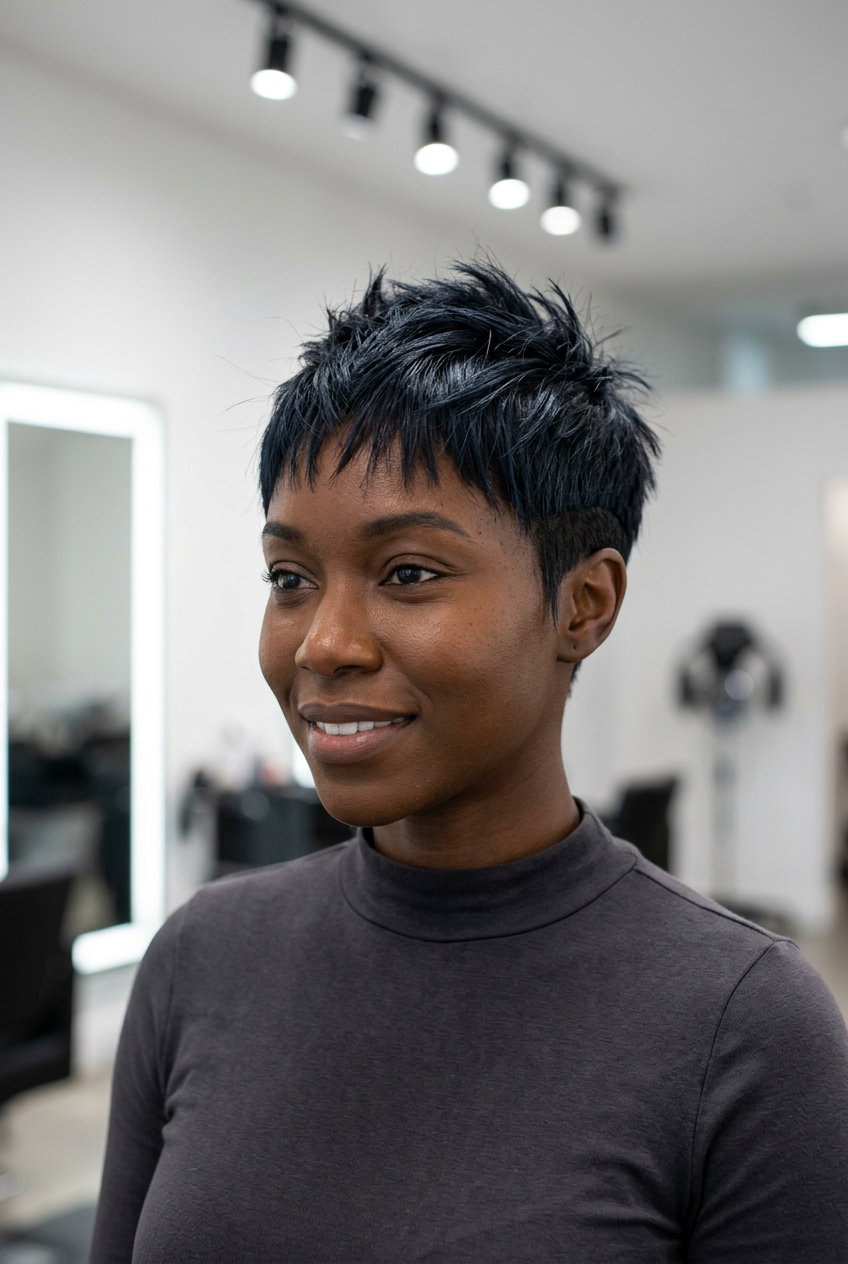short wispy bangs pixie haircut in midnight espresso with blue-black undertone, undercut for high fashion