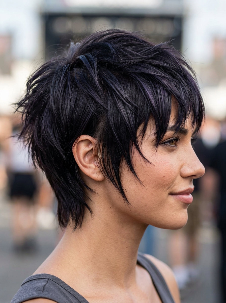 short razor cut haircut in midnight espresso with violet undertones, micro-fringe for festival