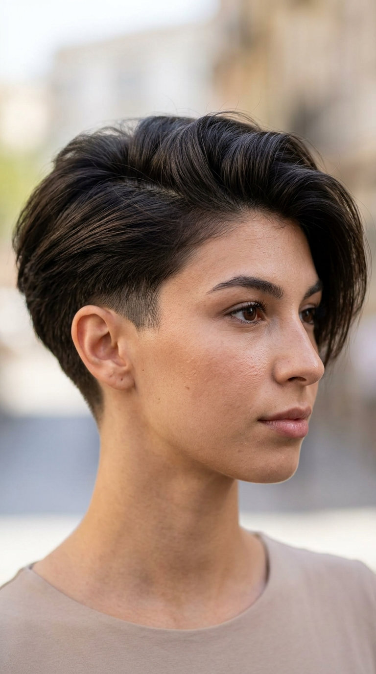 short undercut haircut in midnight espresso with violet undertones, textured fringe for night out