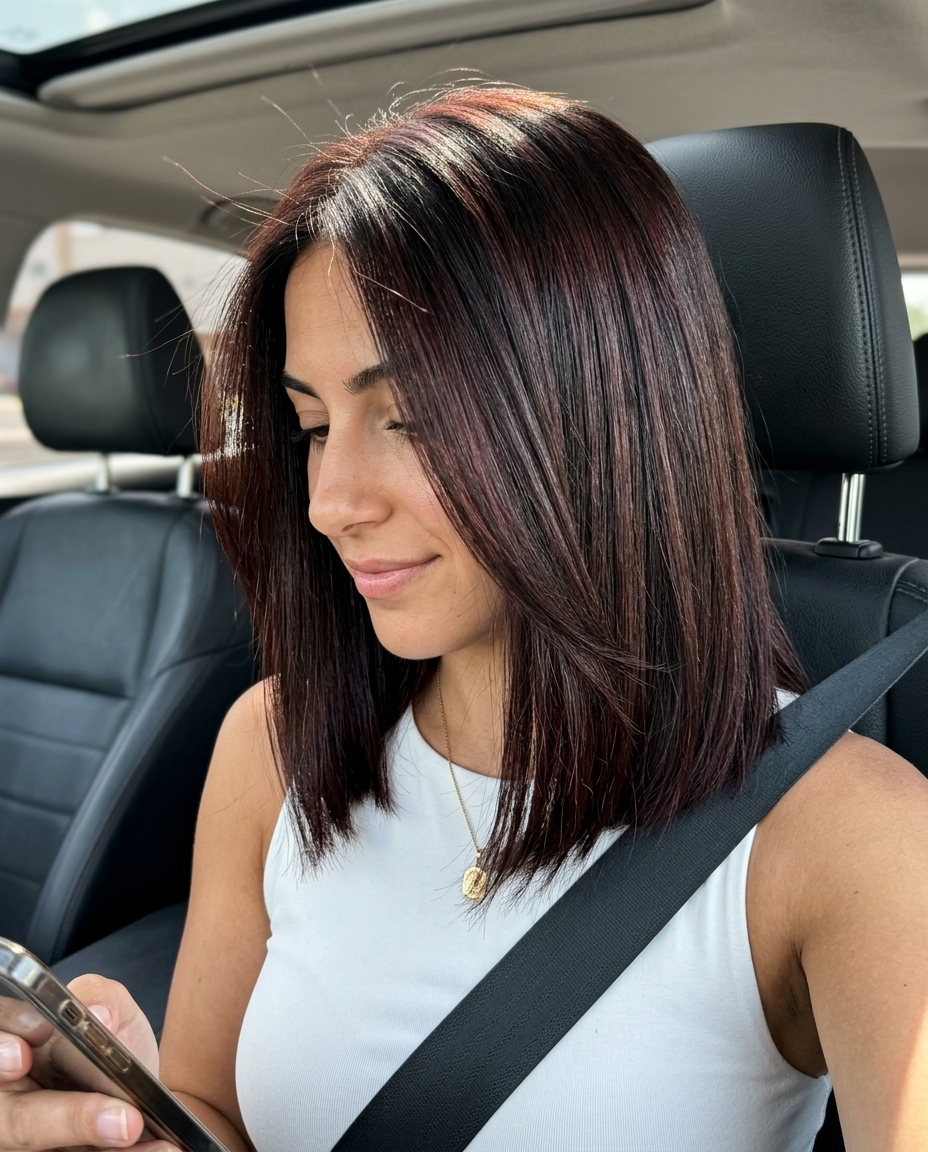 shoulder-length midnight mahogany solid cut with blunt ends, classic and sophisticated