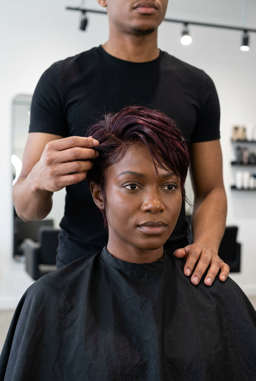very short midnight plum pixie haircut with tapered sides, no fringe — mysterious summer style