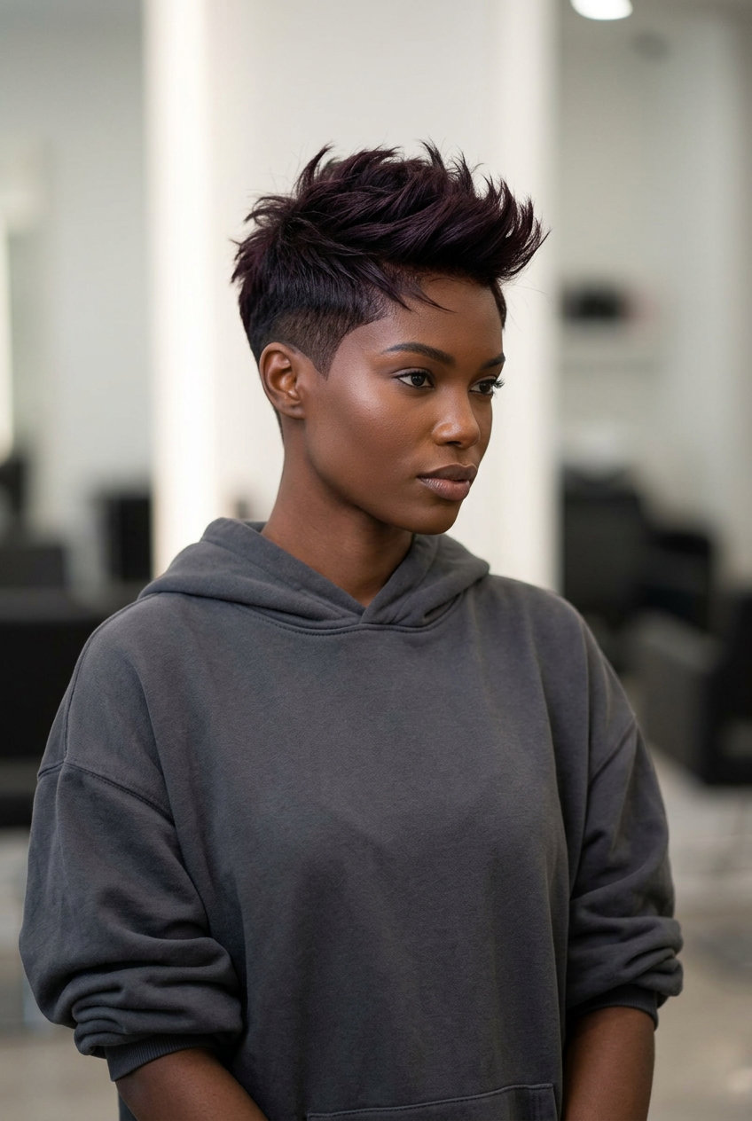 very short midnight plum pixie haircut with shaved sides and spiky texture for summer