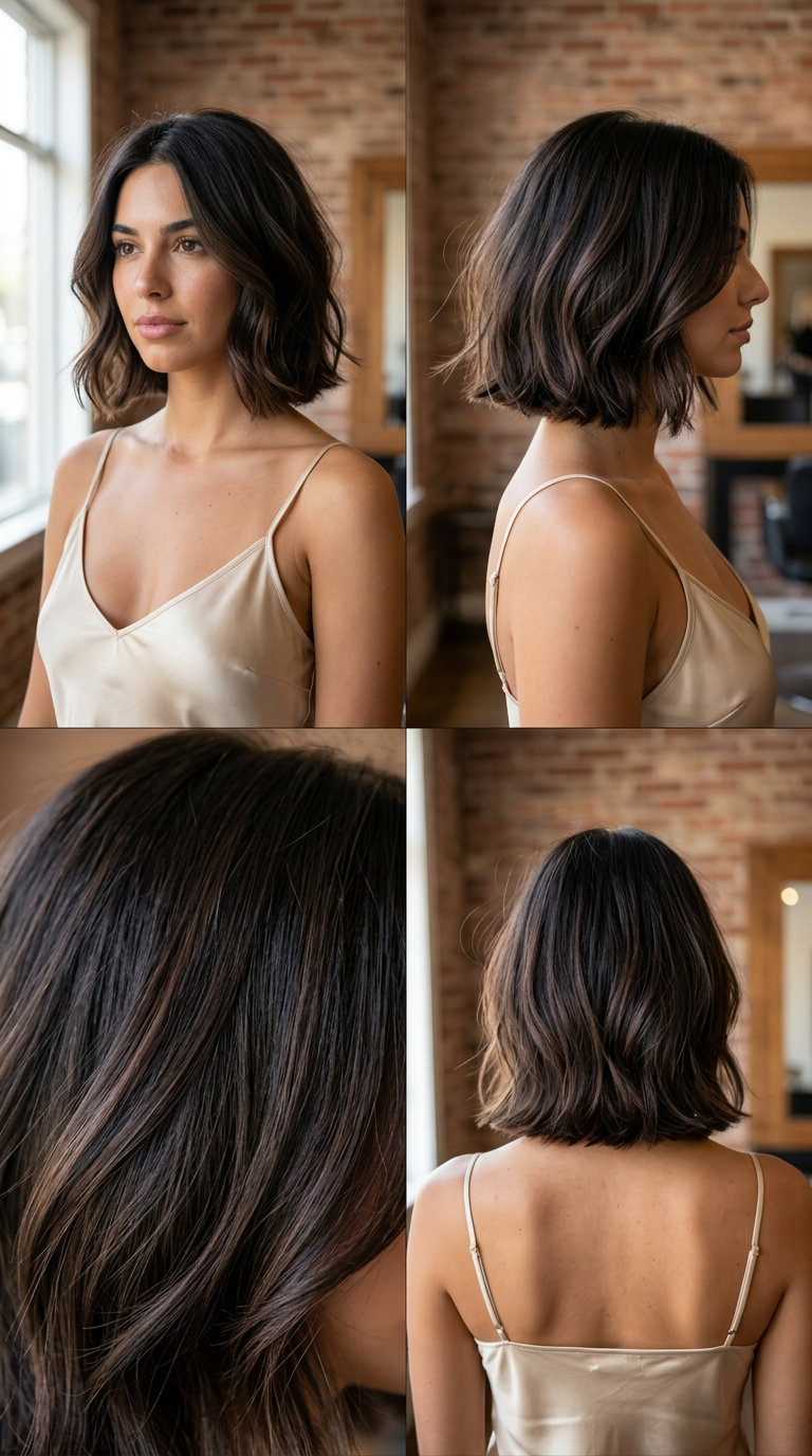 long midnight ribbon balayage with cool cocoa, fine balayage, no fringe — romantic summer french chic