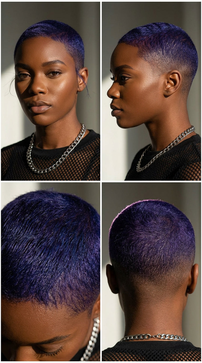 short midnight violet buzz cut with blue-purple undertones, clipper fade for edgy statement wear