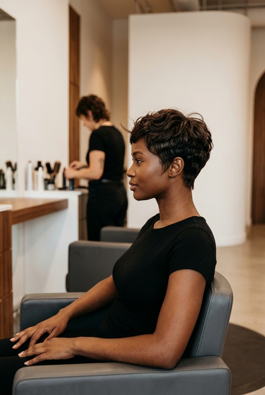 short razored pixie haircut with deep mocha brown color and espresso lowlights, tapered sides — edgy chic