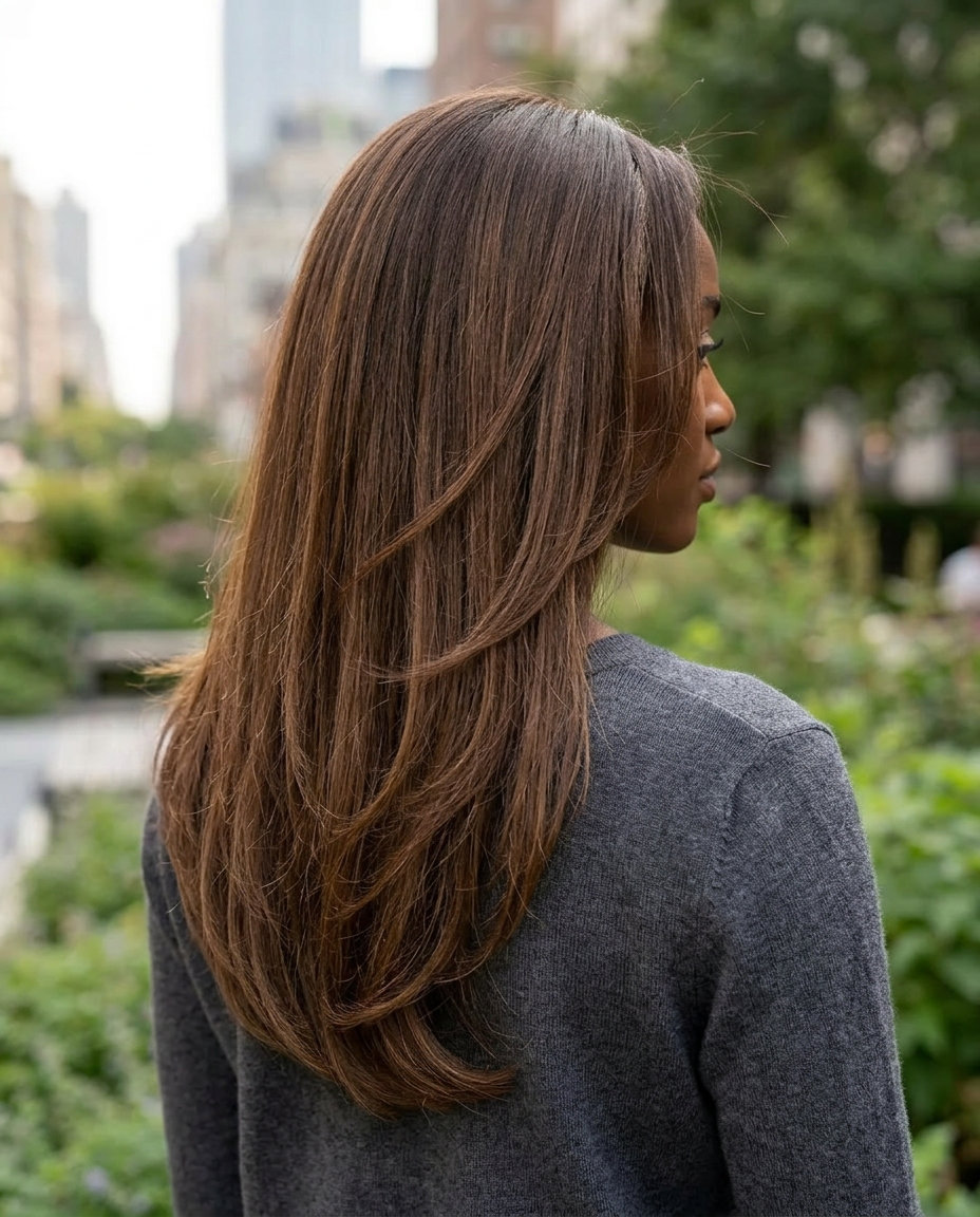 long blunt haircut in mocha brunette with caramel shimmer, extensive internal layering — modern minimal