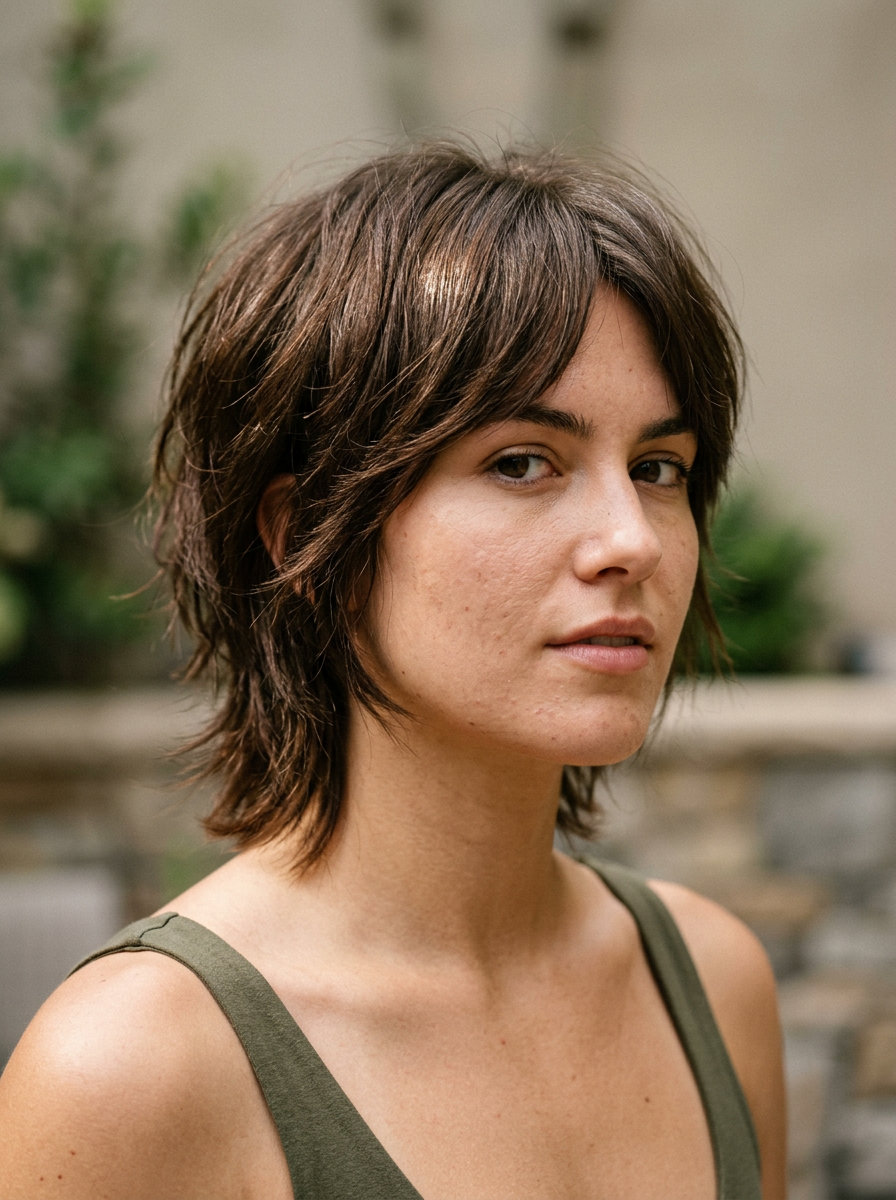 Artful Crop Wolf Cut 2026 short mocha brunette wolf cut with beige micro-highlights and choppy fringe for art galleries