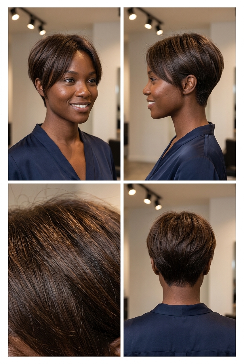 very short textured pixie haircut in rich mocha brunette with piecey movement for summer