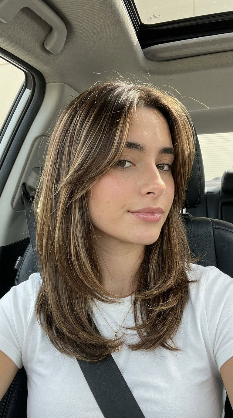 collarbone-length shag haircut in mocha brown with caramel highlights, curtain bangs, blended layers — professional shag 2026