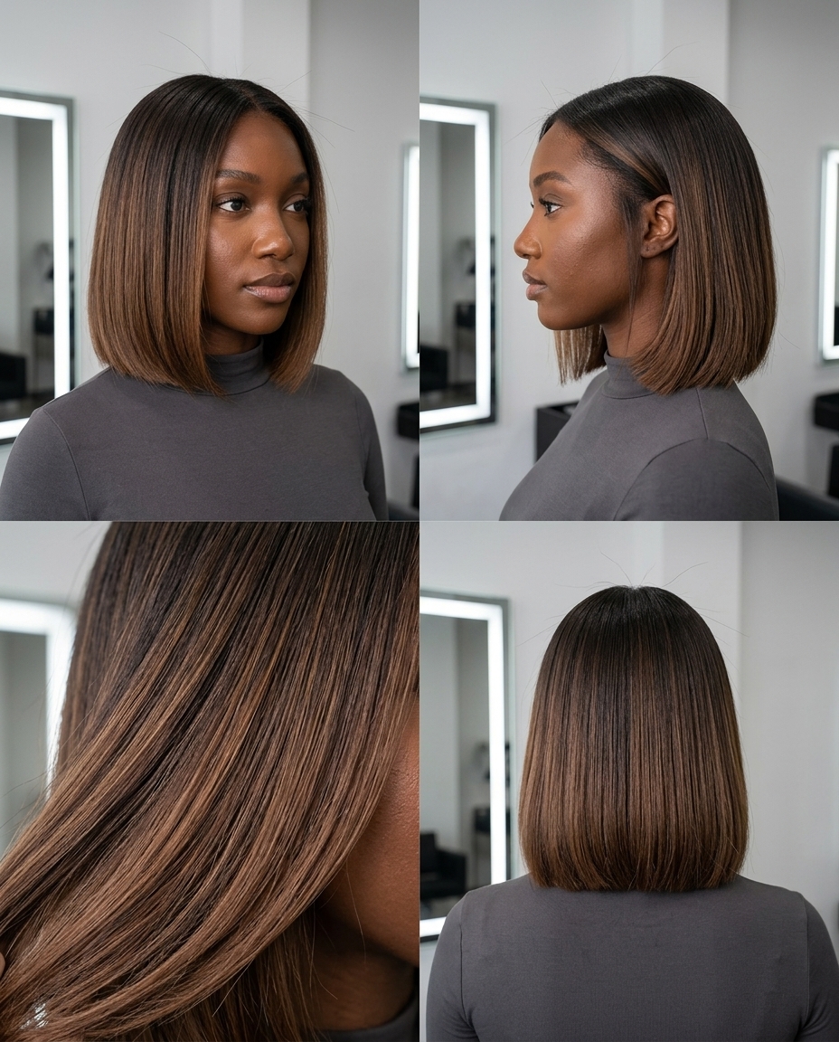 chin-length blunt bob haircut with deep mocha melt color, no layers — minimalist chic